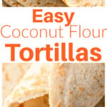 A stack of coconut flour tortilla and a rolled up tortilla on the top.