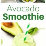 An avocado smoothie and ingredients to make the smoothie.