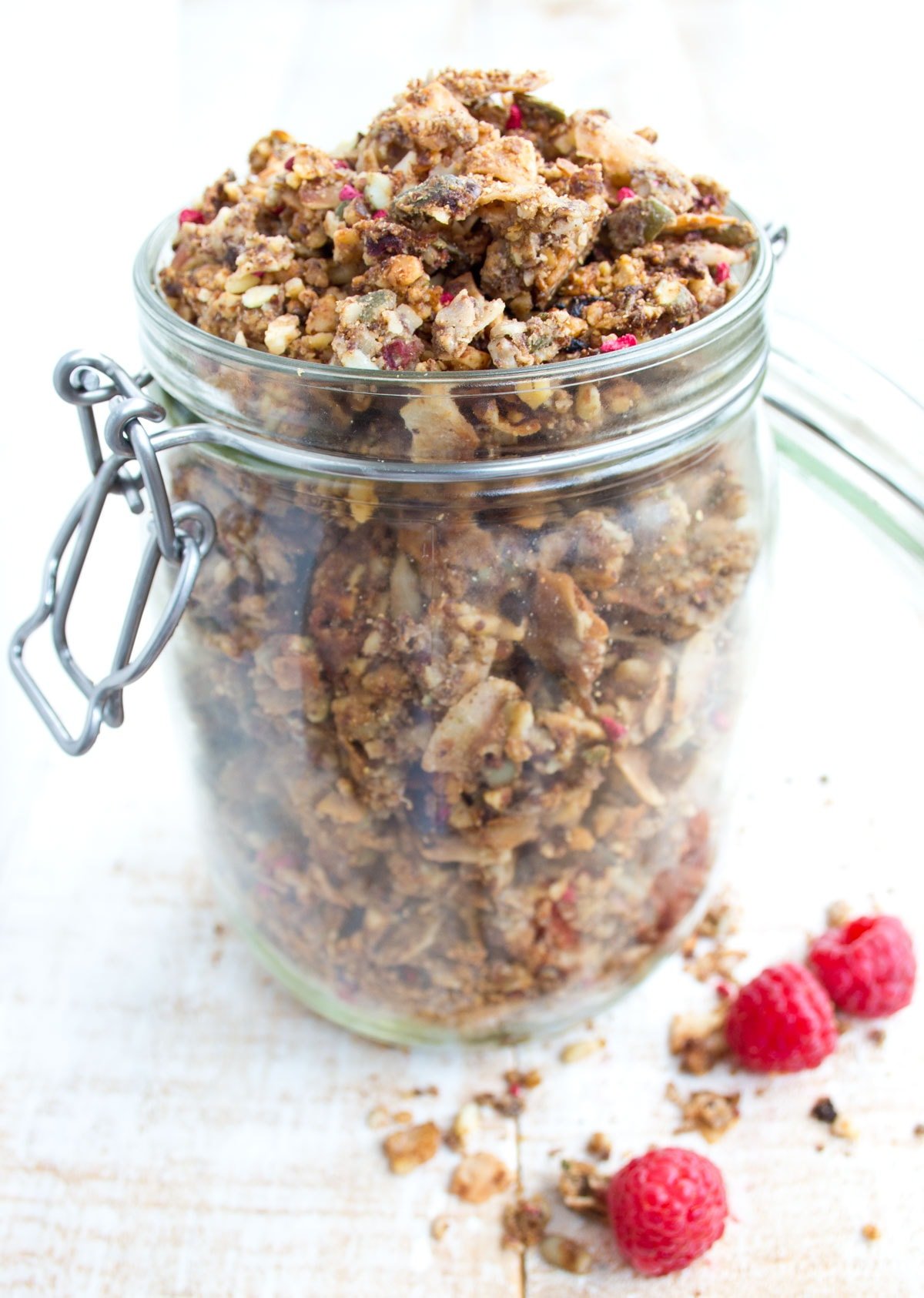 A mason jar with granola.