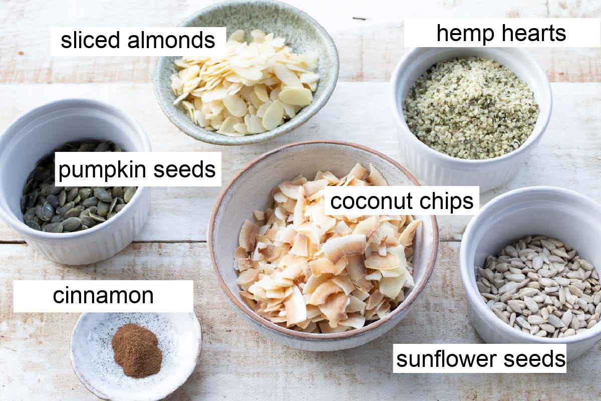 Ingredients for this muesli recipe, labeled.