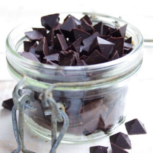 A jar with pyramid shaped chocolate chips.