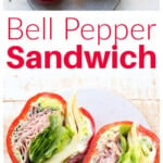 A sliced bell pepper sandwich on a plate and filling two pepper halves with ham, cheese, lettuce and other sandwich fillings.