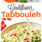 A bowl with cauliflower tabbouleh and ingredients to make this recipe.