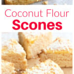 Coconut flour scones on parchment paper and a sliced scone being topped with butter and strawberry jam.