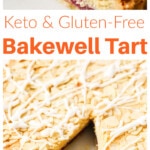 A slice of bakewell tart and a tart topped with sliced almonds and icing.