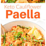 A pan with cauliflower paella and closeup of prawn paella.