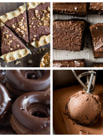 A grid with chocolate brownies, chocolate tart, chocolate ice cream and chocolate donuts.