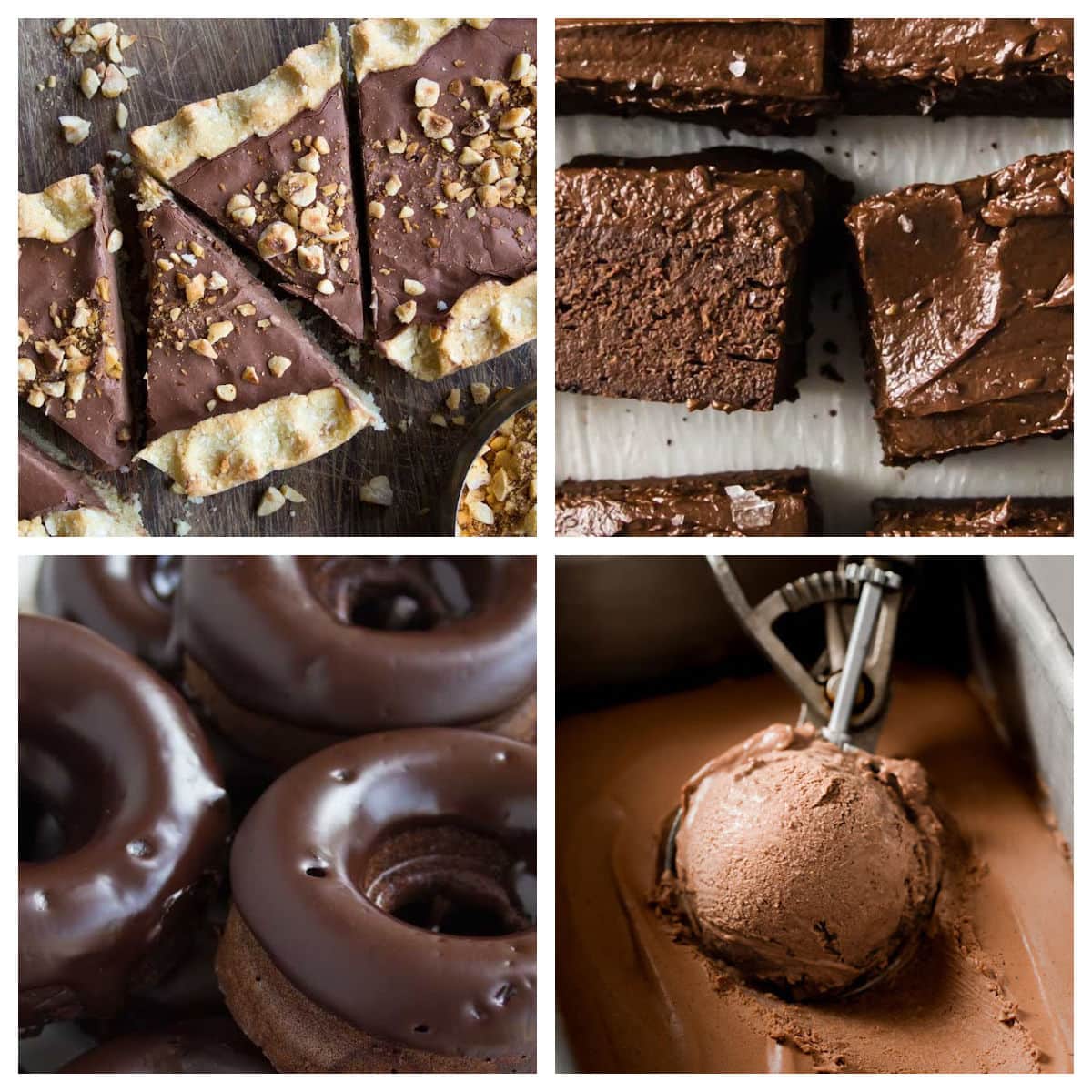 A grid with chocolate brownies, chocolate tart, chocolate ice cream and chocolate donuts.