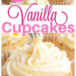 A vanilla cupcake with cream cheese icing and more cupcakes.