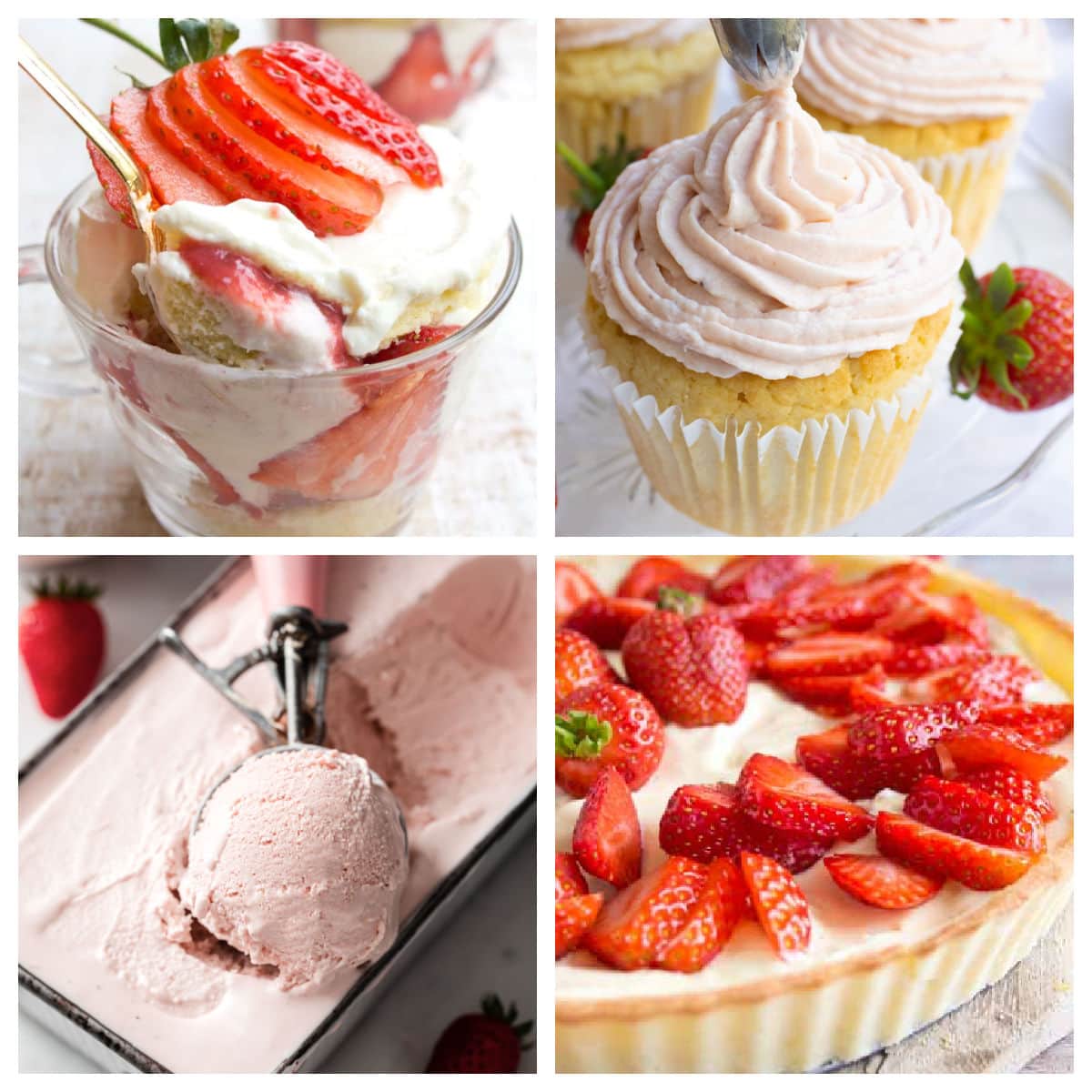 A grid with strawberry ice cream, strawberry tart, strawberry icing and strawberry shortcake.