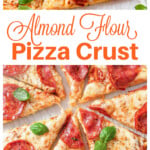 Almond flour pizza with salami topping sliced.