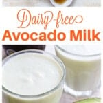 A glass with avocado milk and halved avocados and measured ingredients to make the recipe.