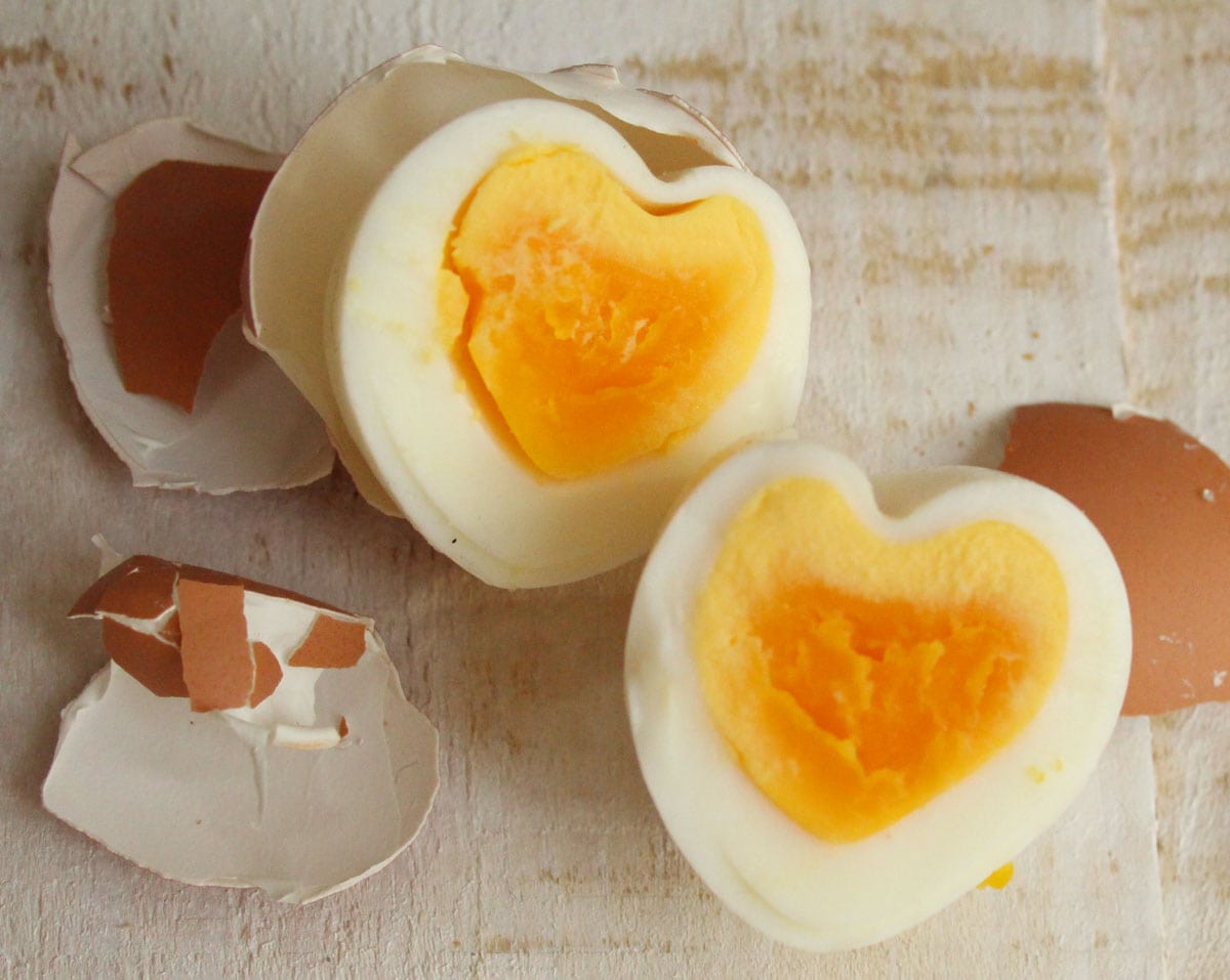 Heart shaped eggs and egg shells.