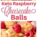 Cheesecake balls with a crunchy nut coating and a raspberry filling in a bowl.