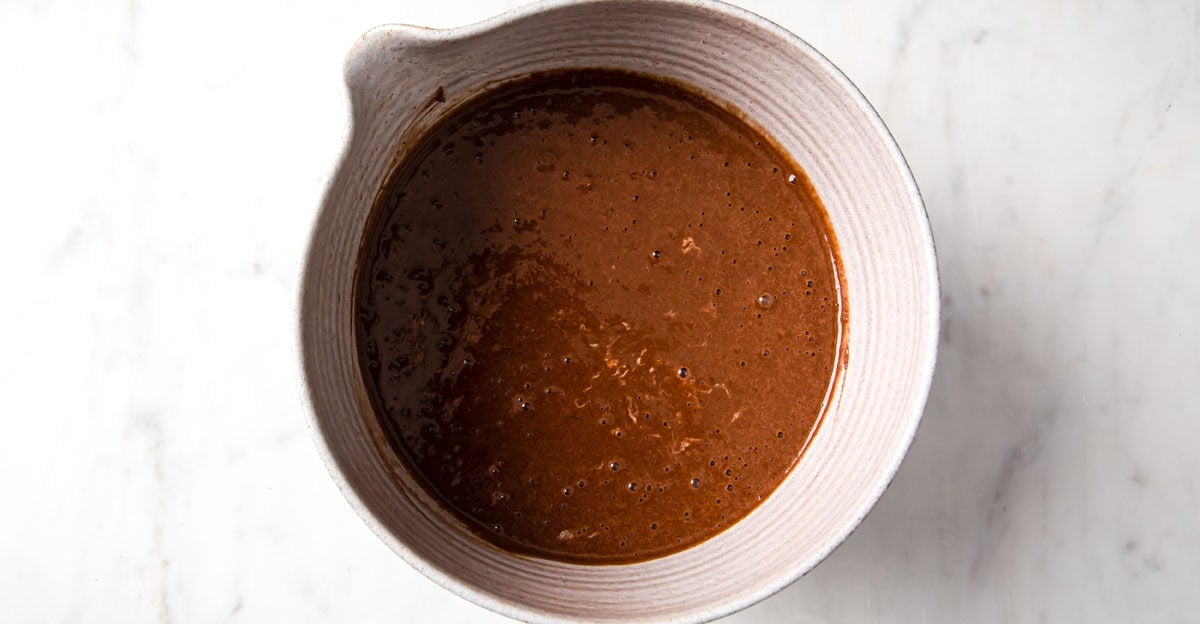 Chocolate batter in a mixing bowl.