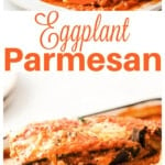 A portion f eggplant parmesan and a plate with eggplant parmesan.