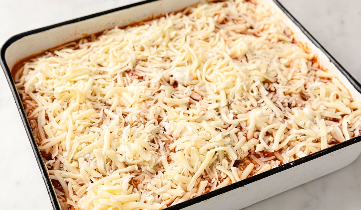 Eggplant parmesan in a casserole dish.