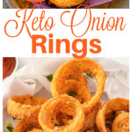 Keto onion rings in a bowl and onion rings on a slotted spoon.