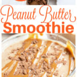 A peanut butter smoothie and ingredients to make the smoothie.