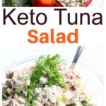 A bowl with tuna salad and pepper halves filled with tuna salad.
