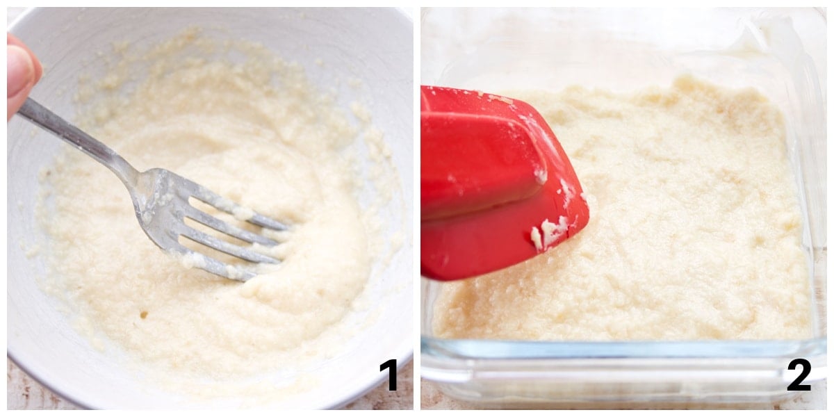 Stirring dough in a bowl and adding the dough to a square pan. 