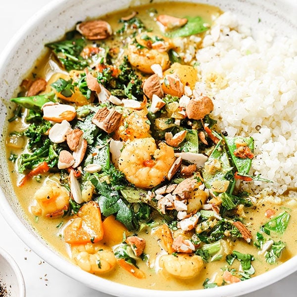 Coconut prawn curry and a side of cauliflower rice.