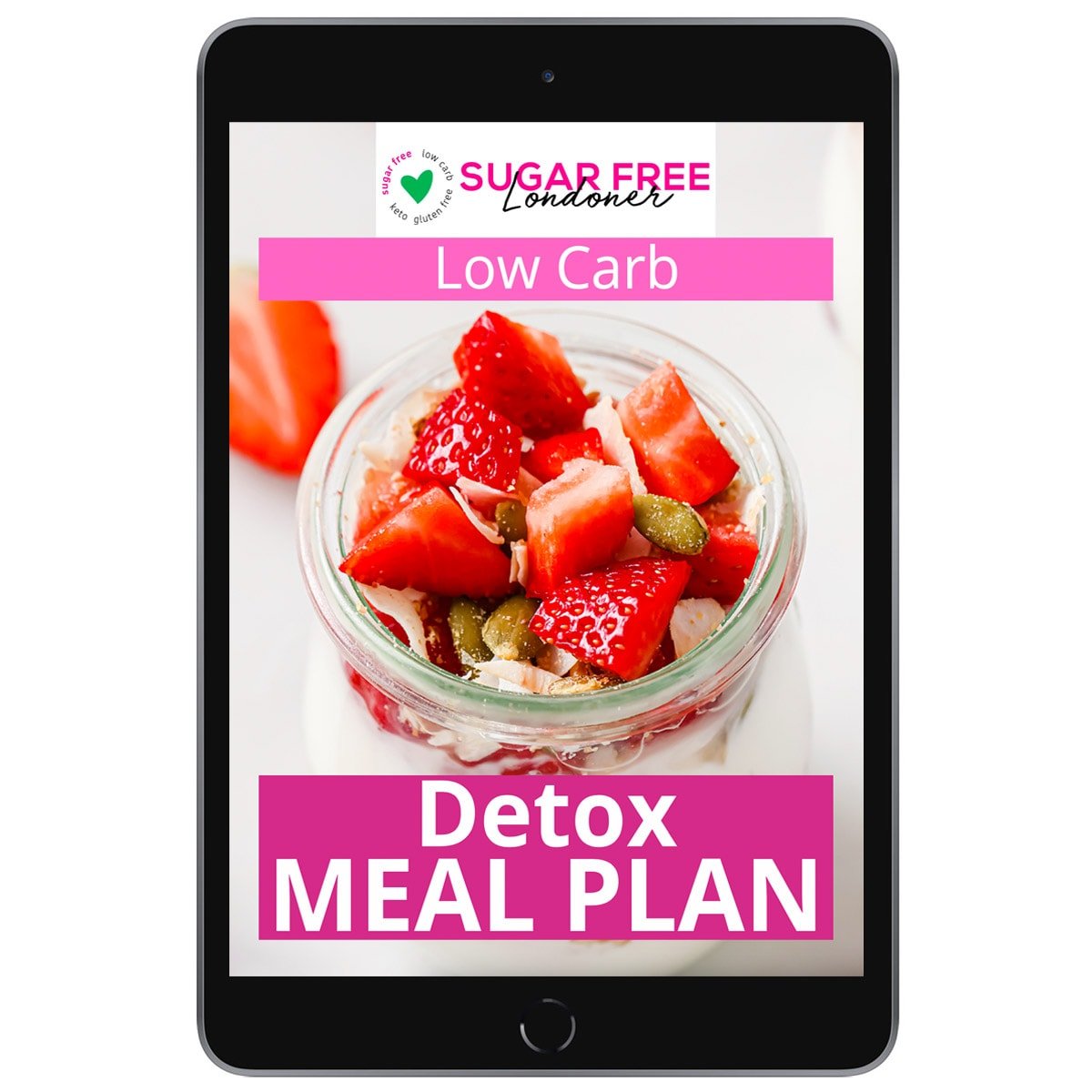 Mockup of a smartphone with the title page of the detox meal plan showing on the screen.