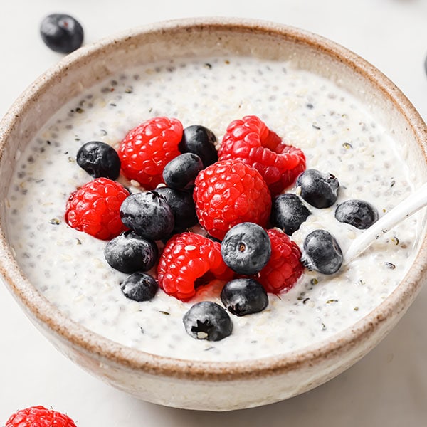 Chia seed pudding with berries in a bowl.