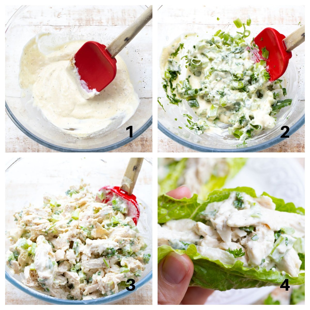 Stirring the dressing, adding the vegetables, adding the chicken and holding chicken salad in a lettuce wrap.