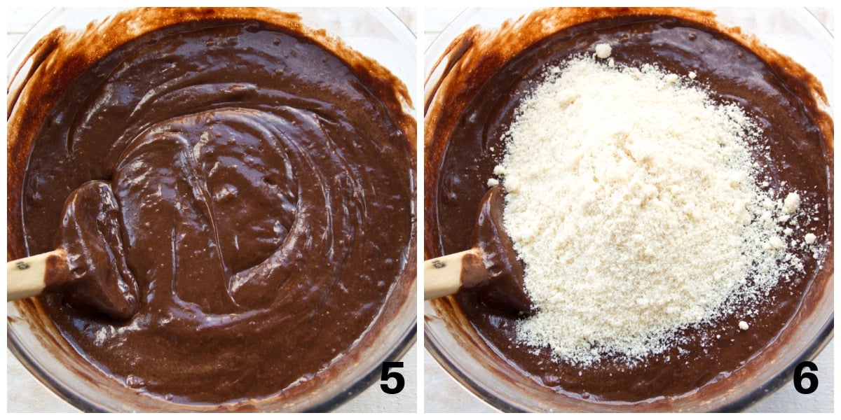 Combining chocolate batter and adding almond flour.