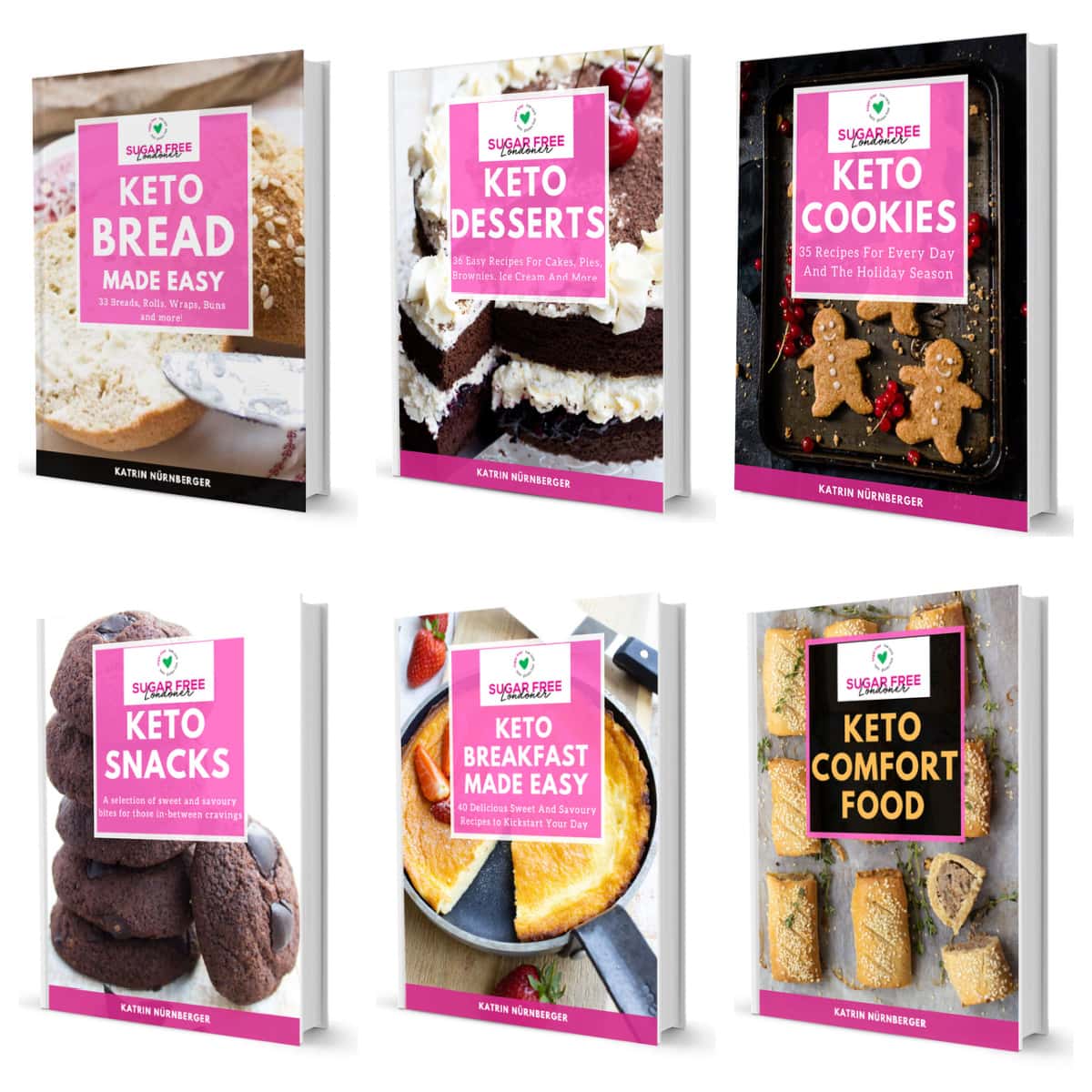 3d mockups of the 6 e-cookbooks on offer by Sugar Free Londoner