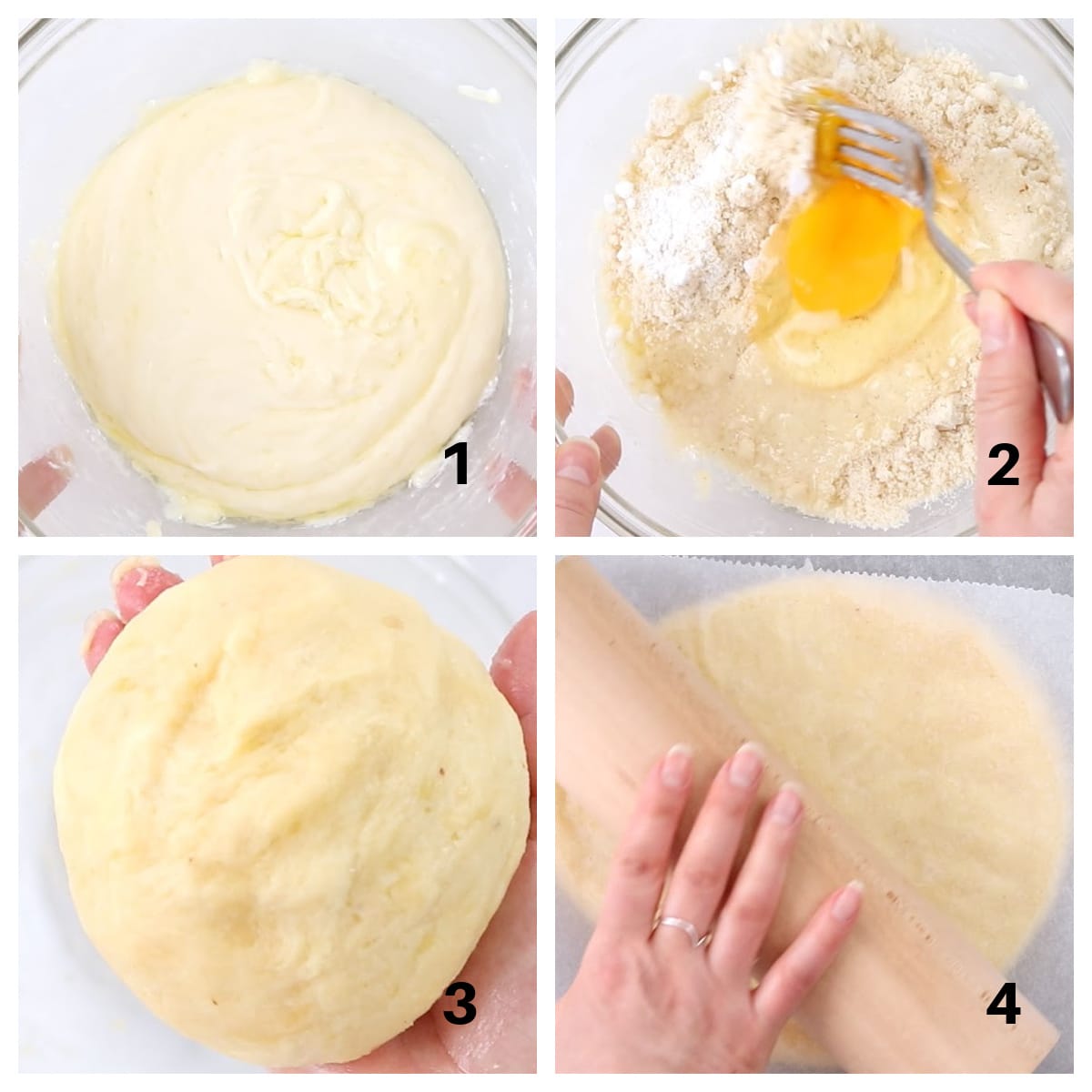 Melted mozzarella in a bowl, mixing flour and egg into the dough, hand holding a dough ball and rolling out the dough.