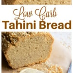 A tahini bread loaf with a buttered slice of bread.