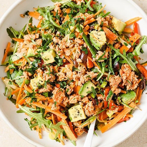 Canned salmon salad on a plate.