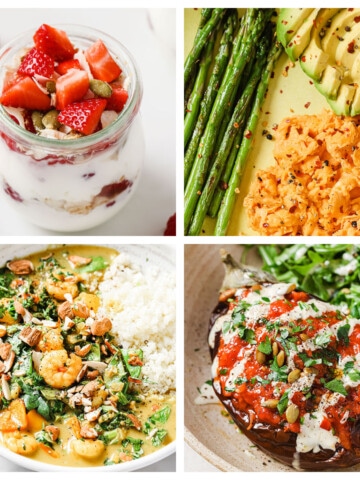 4 images of a strawberry parfait, scrambled eggs with asparagus, prawn curry and stuffed aubergine.