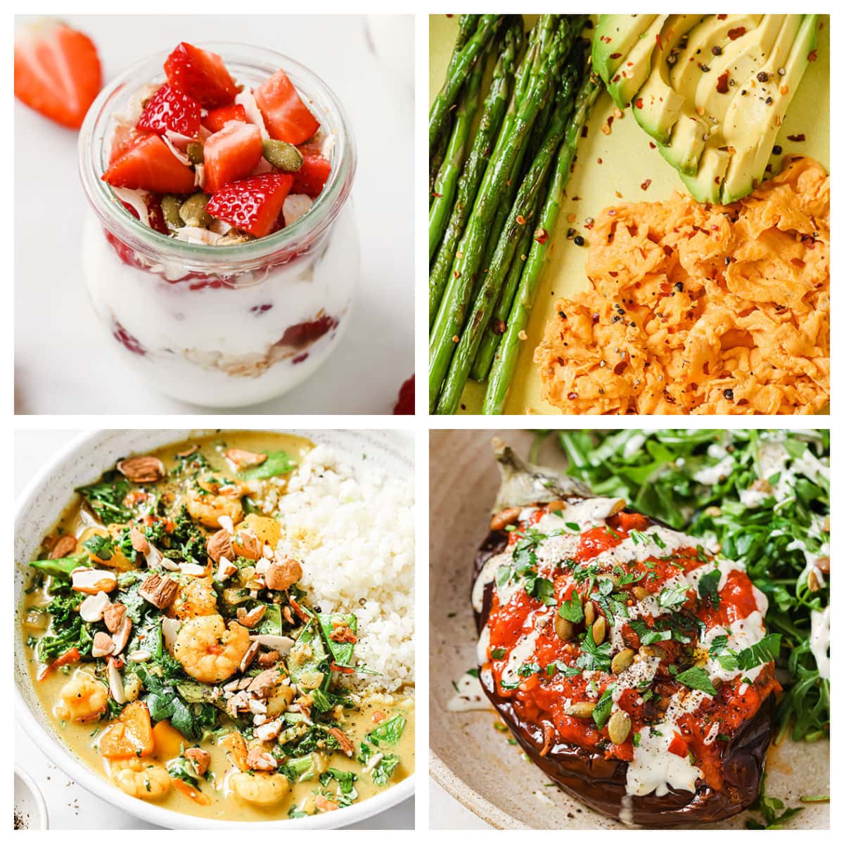 4 images of a strawberry parfait, scrambled eggs with asparagus, prawn curry and stuffed aubergine.