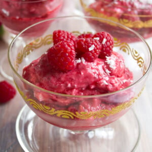 A bowl with raspberry frozen yogurt