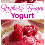 A bowl with raspberry frozen yogurt and a spoon with frozen yogurt and a raspberry.