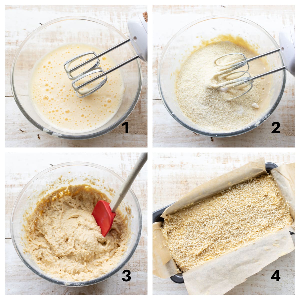 4 steps to make tahini bread - whisked eggs in a bowl, adding flour, batter, batter in a bread pan.