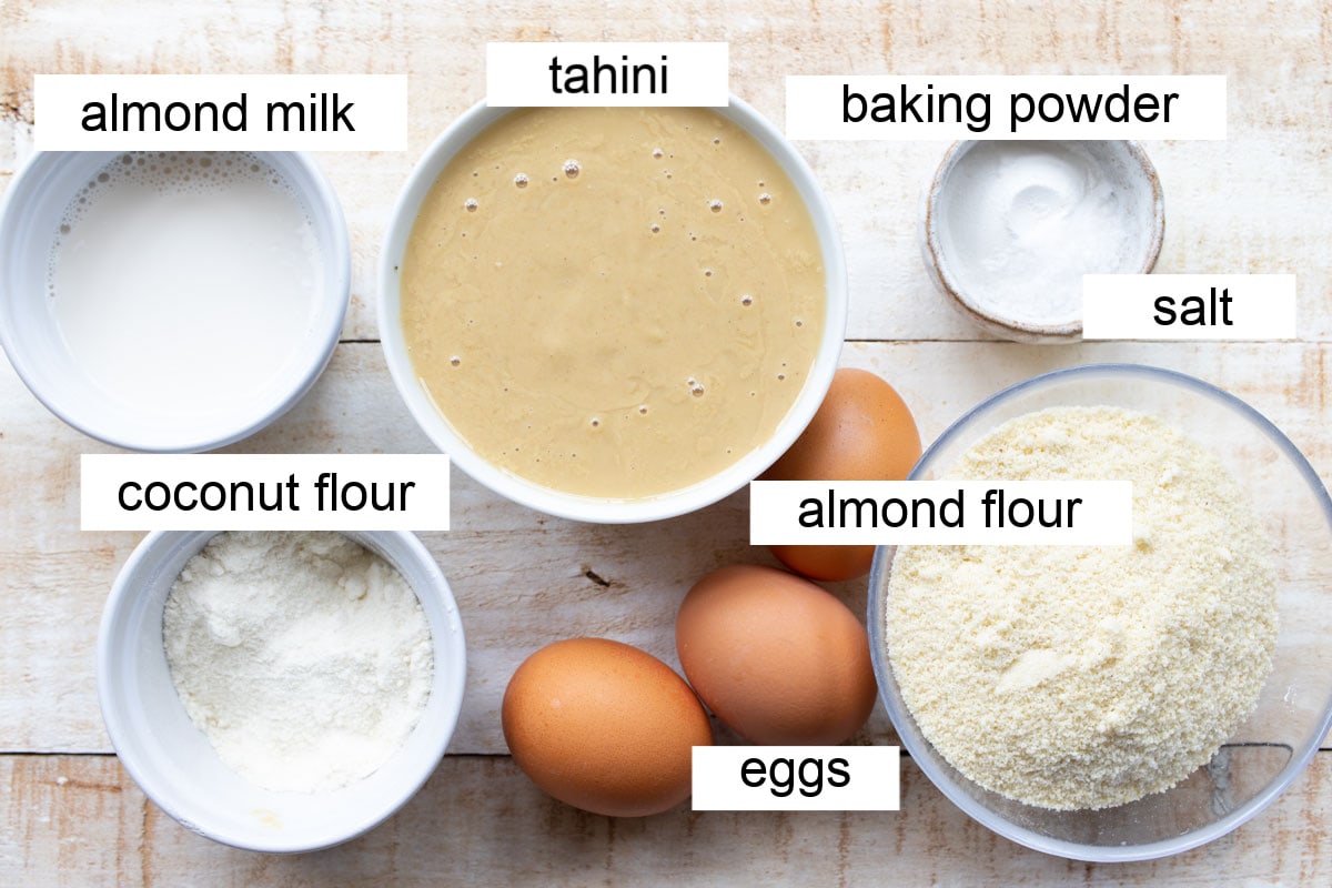 Labelled ingredients measured into bowls for this bread recipe.