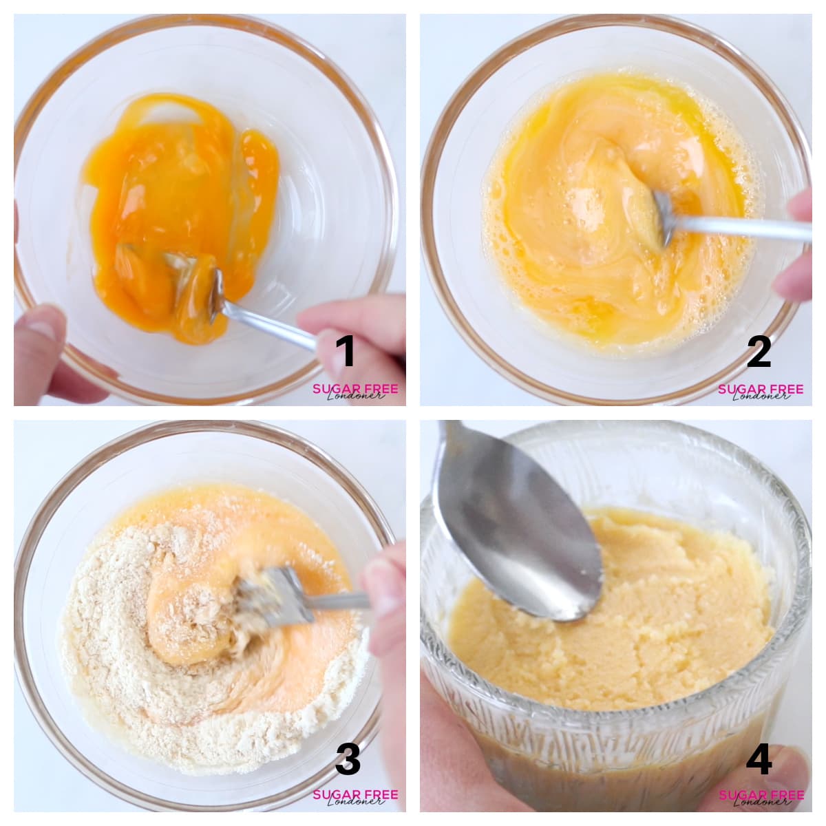 Image collage showing beating eggs in a bowl, adding fat, adding flour and spreading dough with a spoon.