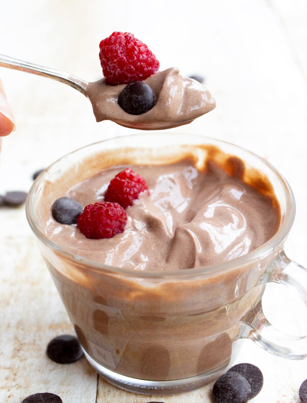 A spoonful of chocolate yogurt with raspberries and chocolate chips.