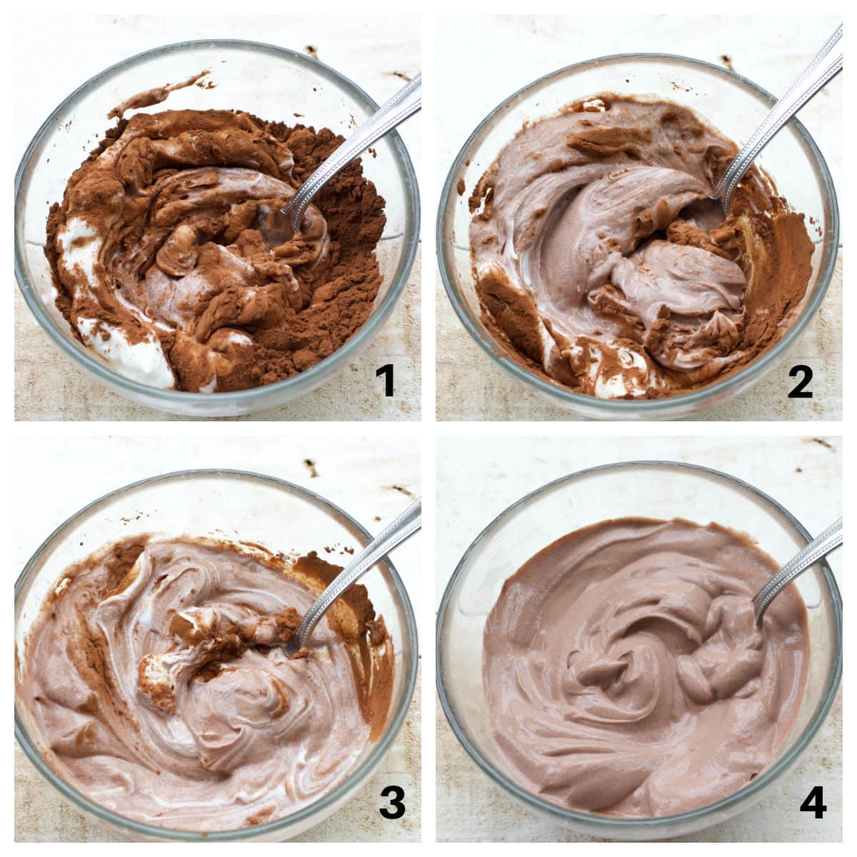 4 steps showing how to stir cocoa powder into Greek yogurt using a spoon.