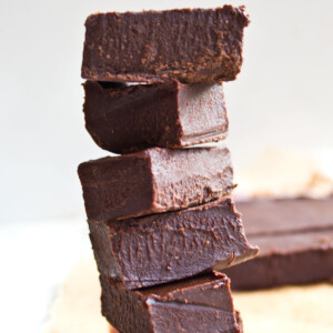 Chocolate peanut butter fudge stacked.