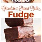Chocolate fudge squares on parchment paper and stacked fudge squares.