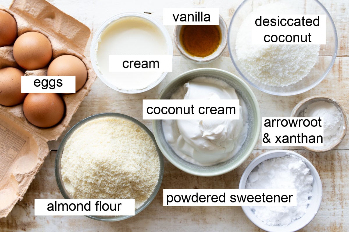 Ingredients fot coconut pie, measured and labelled.