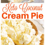 Taking a slice of pie from a coconut cream pie and a slice of pie topped with whipped cream.