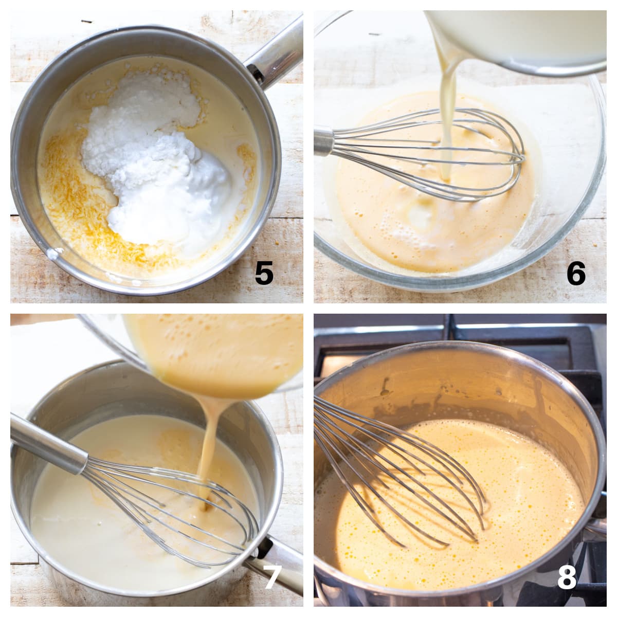 Filling ingredients in a pot, mixing ingredients and stirring the custard with a balloon whisk.