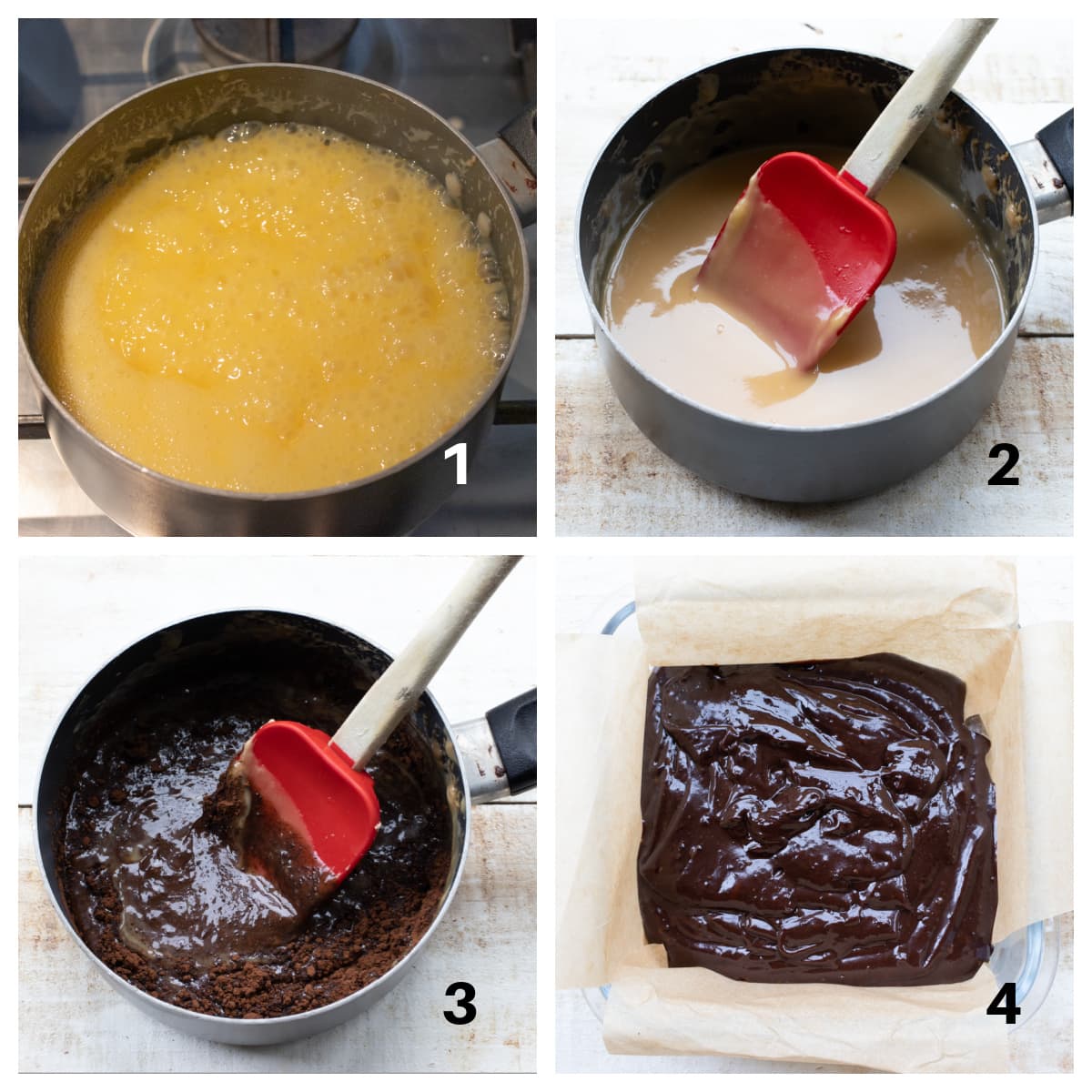 Condensed milk bubbling in a pot, condensed milk with a spatula, adding the cocoa powder and fudge mixture in a container.