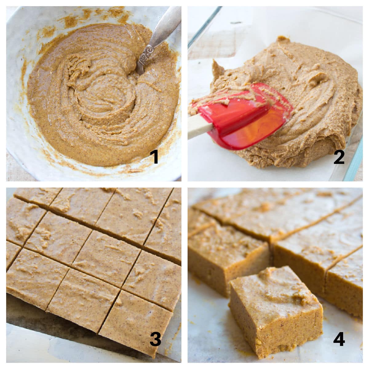 Batter in a bowl, spreading the fudge batter into a pan, cutting the squares and a square of fudge.